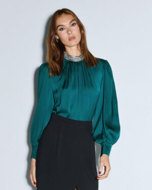 Jade Green Long-Sleeved Blouse with Embellished Neckline