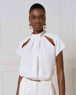 White Short-Sleeved Blouse with Embellished Neckline & Cut-Outs