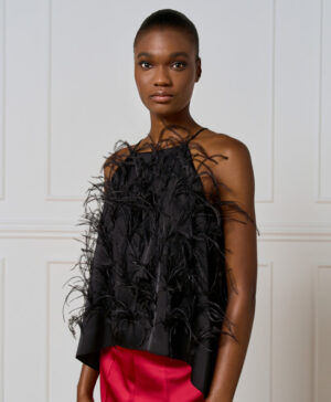 Black Satin Halter Top with Feather Embellishment