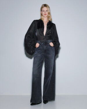 Black Bodysuit with Satin Bib & Shimmer Blouson Sleeve