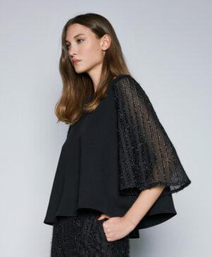 Black Swing Top with Contrasting Lurex Bell Sleeve
