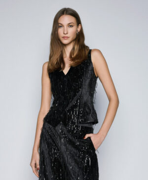 Black Velvet Waistcoat with Sequin Fringing