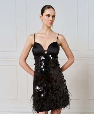 Black Short Strappy Sequin & Feather Dress