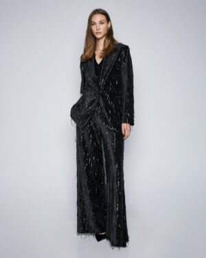 Black Velvet Trousers with Sequin Fringing