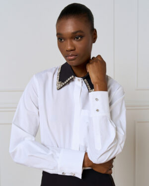 White Shirt with Detachable Black Embellished Collar