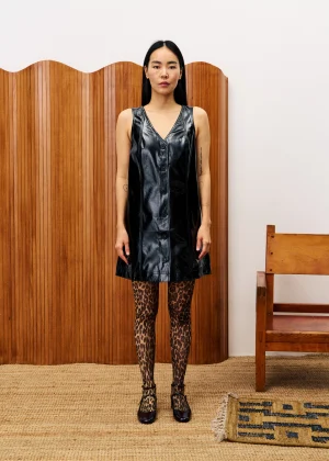 Black Sleeveless Vinyl Short A-line Dress