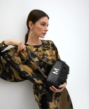 Black Faux Leather Crossbody Bag with Faux Fur