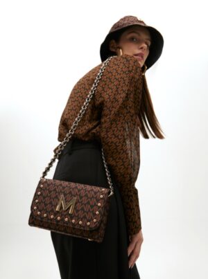 Brown & Black Jacquard Monogram Flap Shoulder Bag
