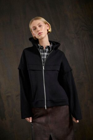 Black Hooded Zip-Up with Slogan on the Back