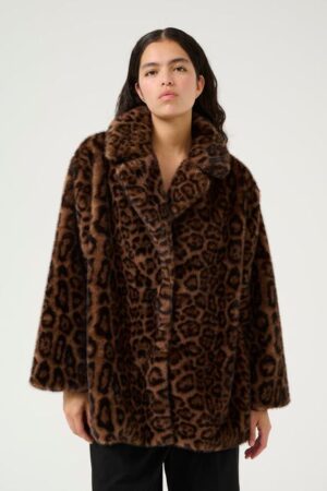 Leopard Print Faux Fur Coat with Lapel Collar