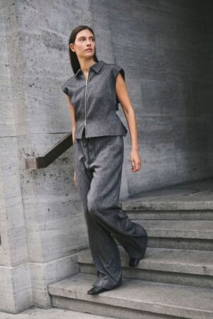 Grey Wide-Leg Trousers with Black Cord Belt