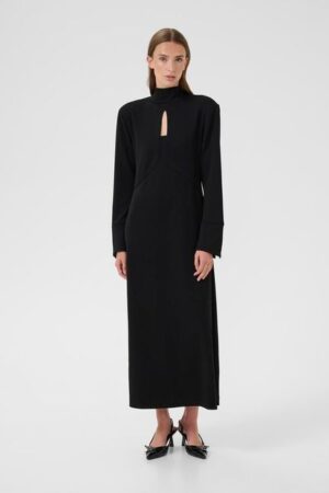 Black Long-Sleeved Maxi Dress with Shoulderpad