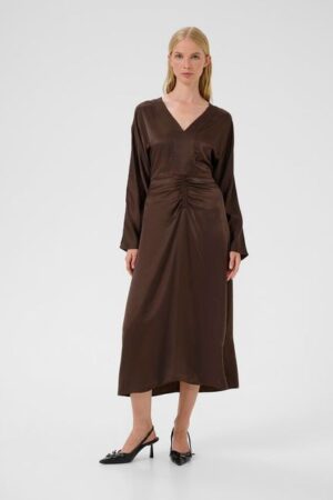 Chocolate Brown Satin Ruched Midi Dress