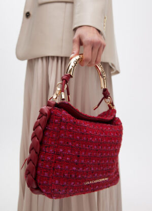 Red Tweed Shoulder Bag with Faux Leather Braid & Metallic Handle