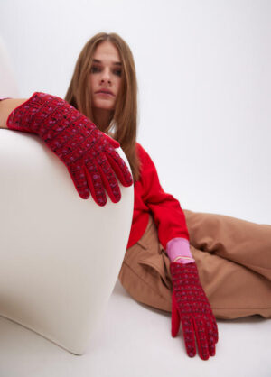 Red Tweed Gloves with Red Faux Leather Back