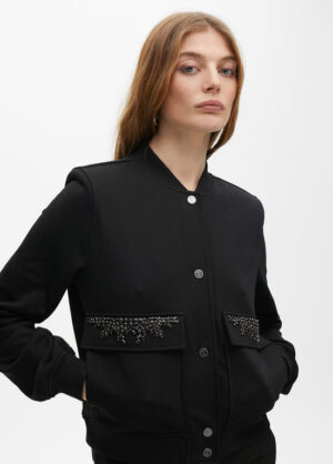 Black Neat-Fit Bomber Jacket with Jewel Patch Pocket
