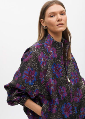 Black, Purple, Blue & Champagne Metallic Floral Jacquard Bomber Jacket