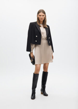 Champagne Satin Short Dress with Embellished Neckline