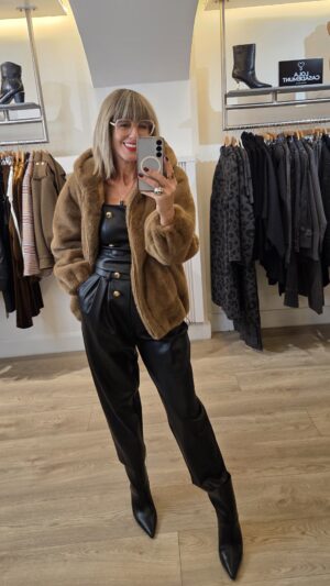 Camel Faux Fur Bomber Jacket with Hood