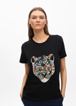 Black T-Shirt with Tiger Face Embellishment