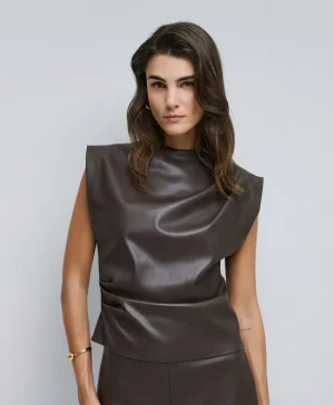 Coffee Faux Leather Sleeveless Top with Pleats