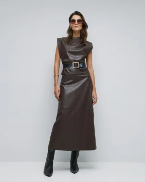 Coffee Faux Leather High-Waisted Midi Skirt