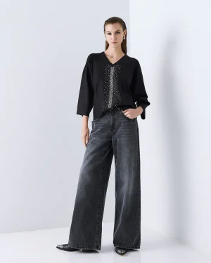 Black V-Neck Lurex Knit with Embellishment