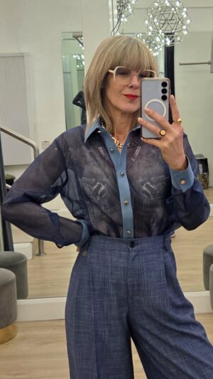 Blue Organza Printed Shirt with Denim Collar & Cuffs