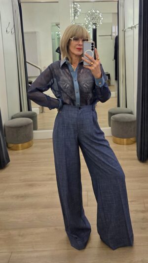 Blue Prince of Wales Check High-Waisted Wide-Leg Trousers