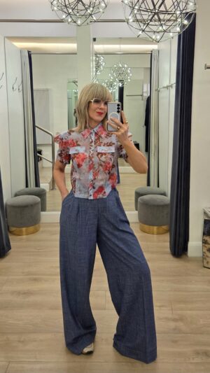 Blue Sheer Organza Cropped Shirt with Cherry Floral Print