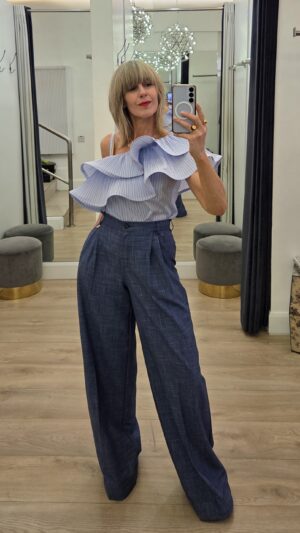 Blue & White Striped One Shoulder Top with Plissé Ruffles