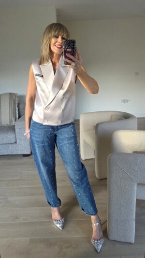 Denim Mid Wash Barrel Jeans with Embellishment and Studded Waistband