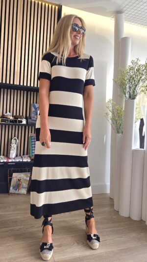 Black & Cream Lurex Knit Striped Maxi Dress