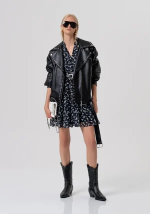 Black Over-Sized Faux Leather Biker Jacket with Studs
