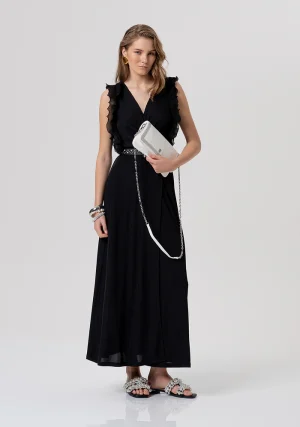 Black Silk Jersey Wrap-Effect Maxi Dress with Frill