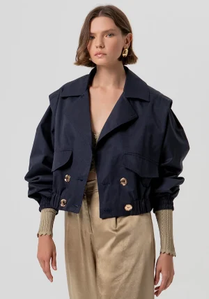 Navy Cropped Trench-Style Jacket with Blouson Sleeve