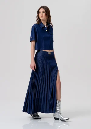 Indigo Tencel Denim Pleated Maxi Skirt with Slit