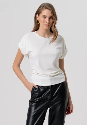 Vanilla T-Shirt Top with Gathered Sides and Embellished Sleeve
