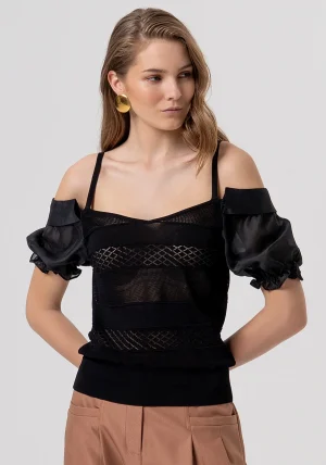 Black Self-Stripe Fineknit with Openwork and Short Puffball Organza Sleeve