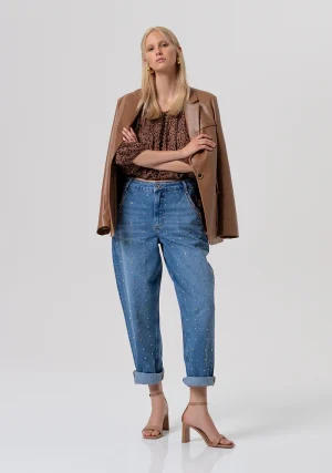 Denim Mid Wash Barrel Jeans with Embellishment and Studded Waistband