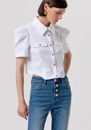 White Cropped Short Sleeved Shirt with Metallic Silver Buttons