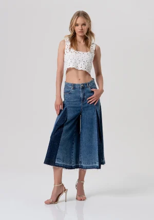 Denim Bermuda in Raw Wash with Indigo Denim Pleated Insert with Micro Jewel Embellishment