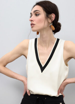 Ivory V-Neck Sleeveless Top with Black Trim