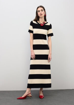 Black & Cream Lurex Knit Striped Maxi Dress