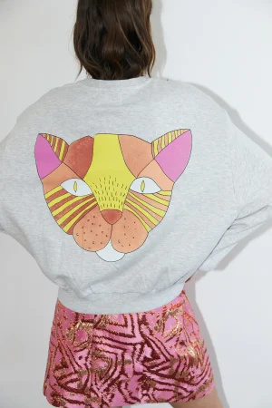Grey Melange Cropped Sweatshirt with Hand-Printed Cat on the Back