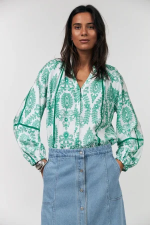 Vanilla Draped Blouse with Green Print