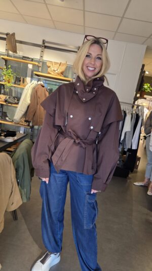 Chocolate Short Trench Jacket with Fabric Belt