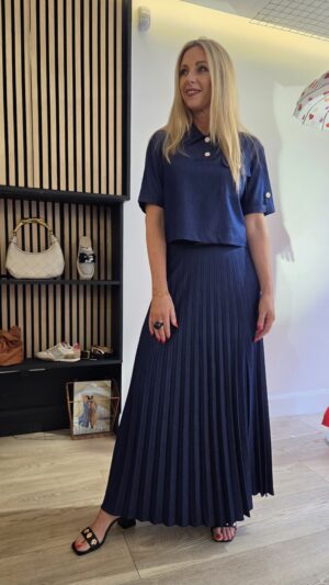 Indigo Tencel Denim Cropped Polo Top with Gold Metallic Buttons