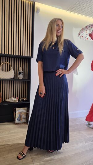 Indigo Tencel Denim Pleated Maxi Skirt with Front Slit
