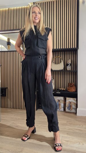 Black Muslin Crepe High-Waisted Balloon Trousers with Hem Loop
